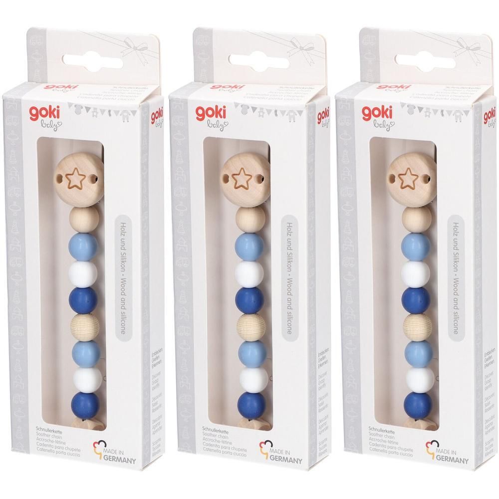 Drie Goki Baby fopspeenkoorden met houten en siliconen kralen in blauw-, wit- en beige tinten.
