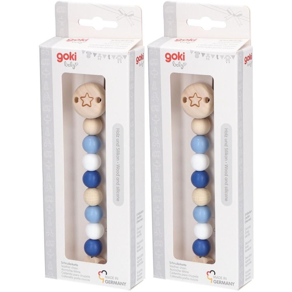 Deux chaînes de sucette Goki Baby en bois et silicone.