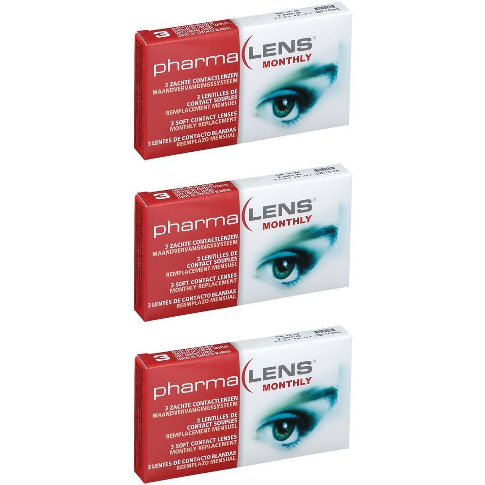 PharmaLens Monthly contactlenzen verpakking met 3 lenzen. Rode en witte doos met oogafbeelding.