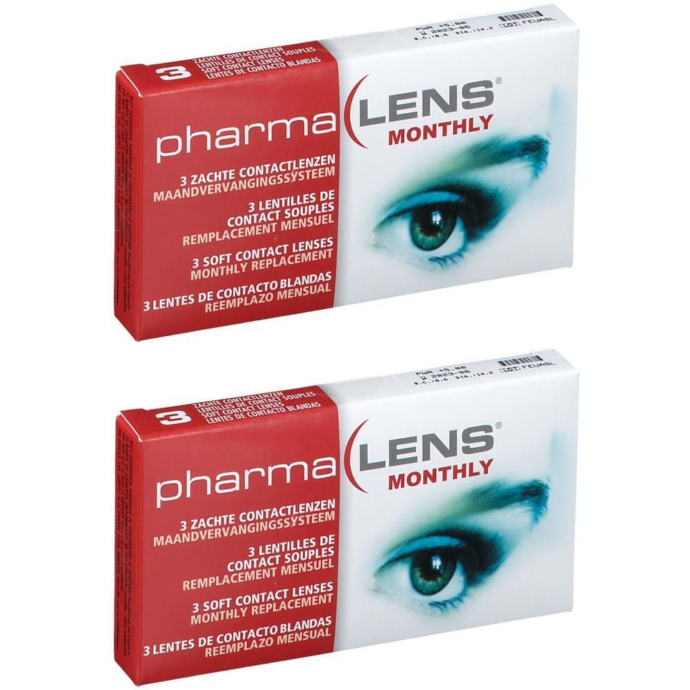Deux boîtes de lentilles de contact PharmaLens (3 lentilles par boîte). Lentilles à remplacement mensuel.