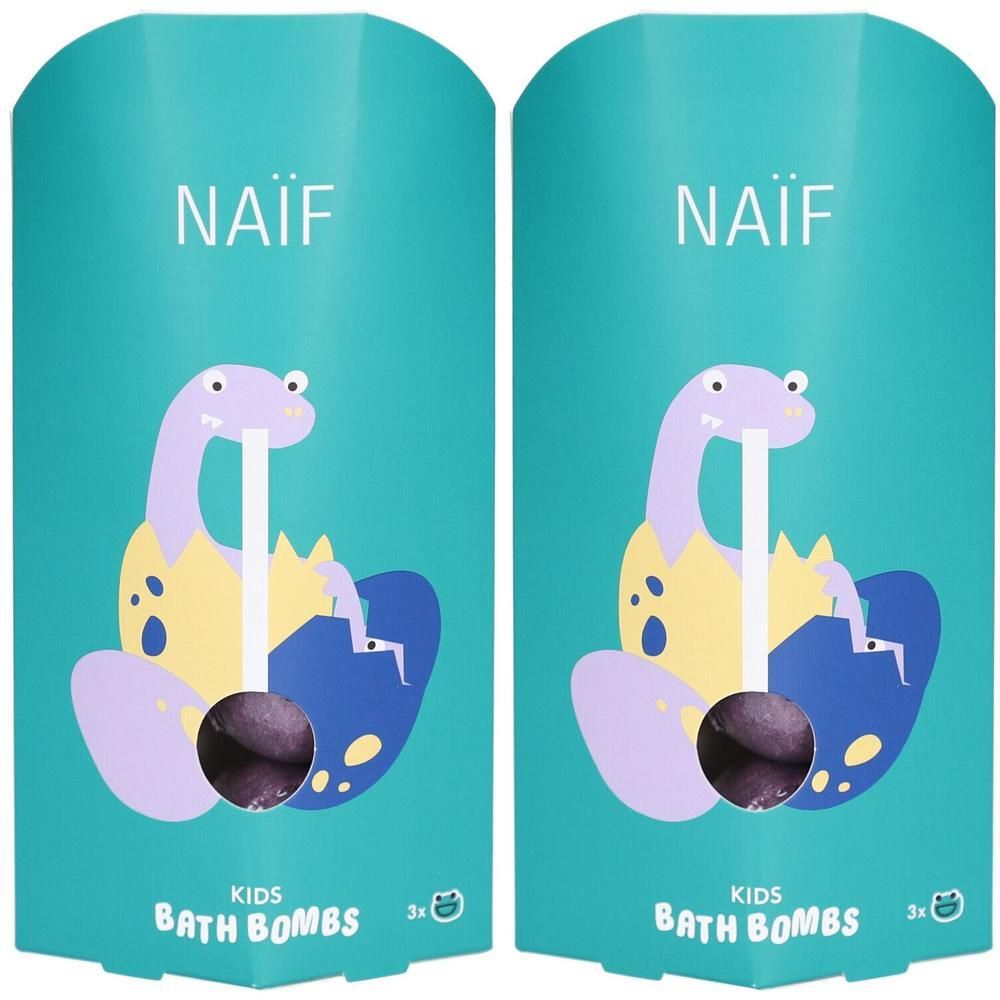 Twee pakken Naïf kinderbadebommetjes met dinosaurusprint. Elk pak bevat 3 badebommetjes.
