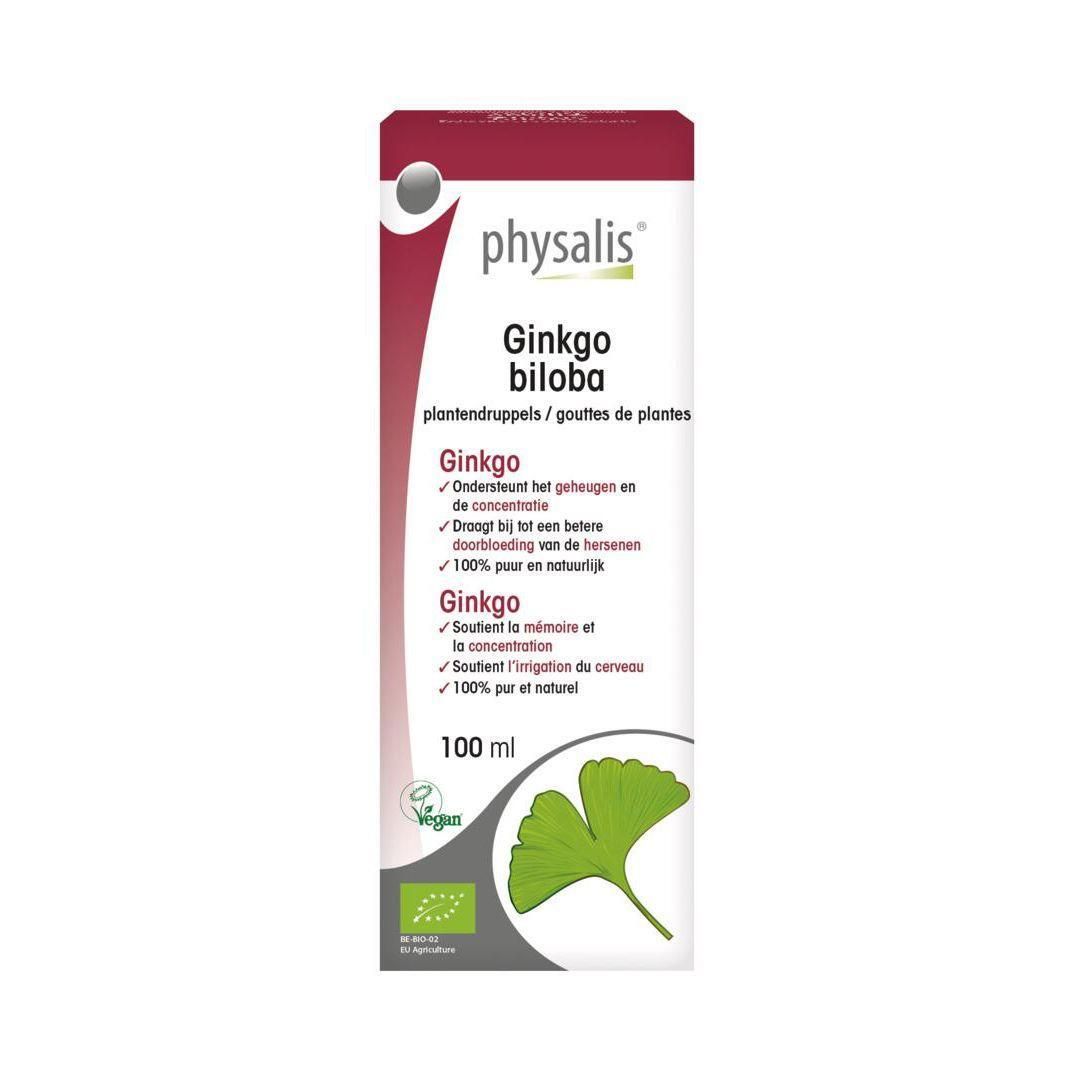 Physalis Ginkgo Biloba gouttes: flacon 100 ml avec symbole feuille de ginkgo. Labels Bio et Vegan.