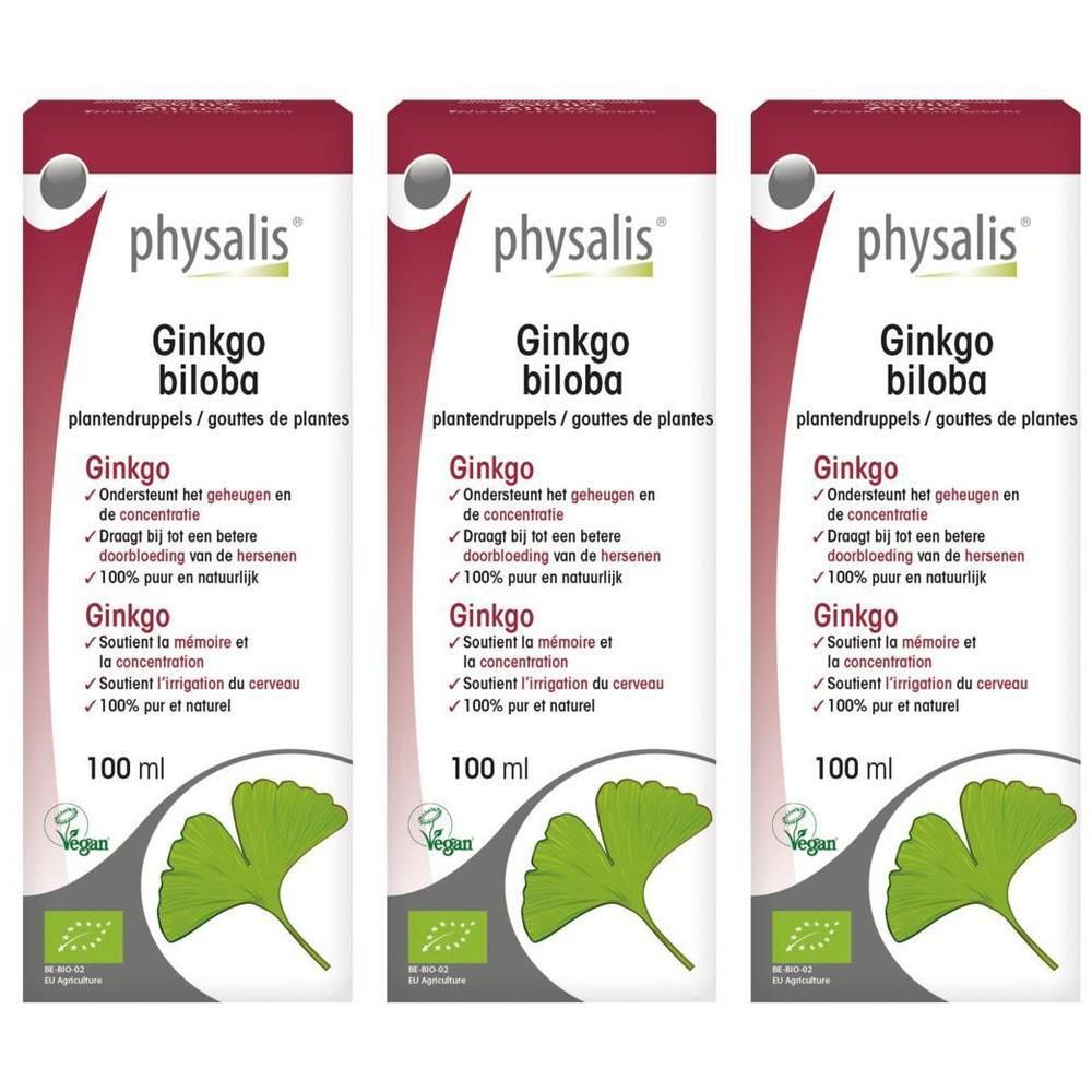 Trois flacons Physalis Ginkgo Biloba gouttes, 100 ml. Avec label bio et illustration de feuille de Ginkgo.