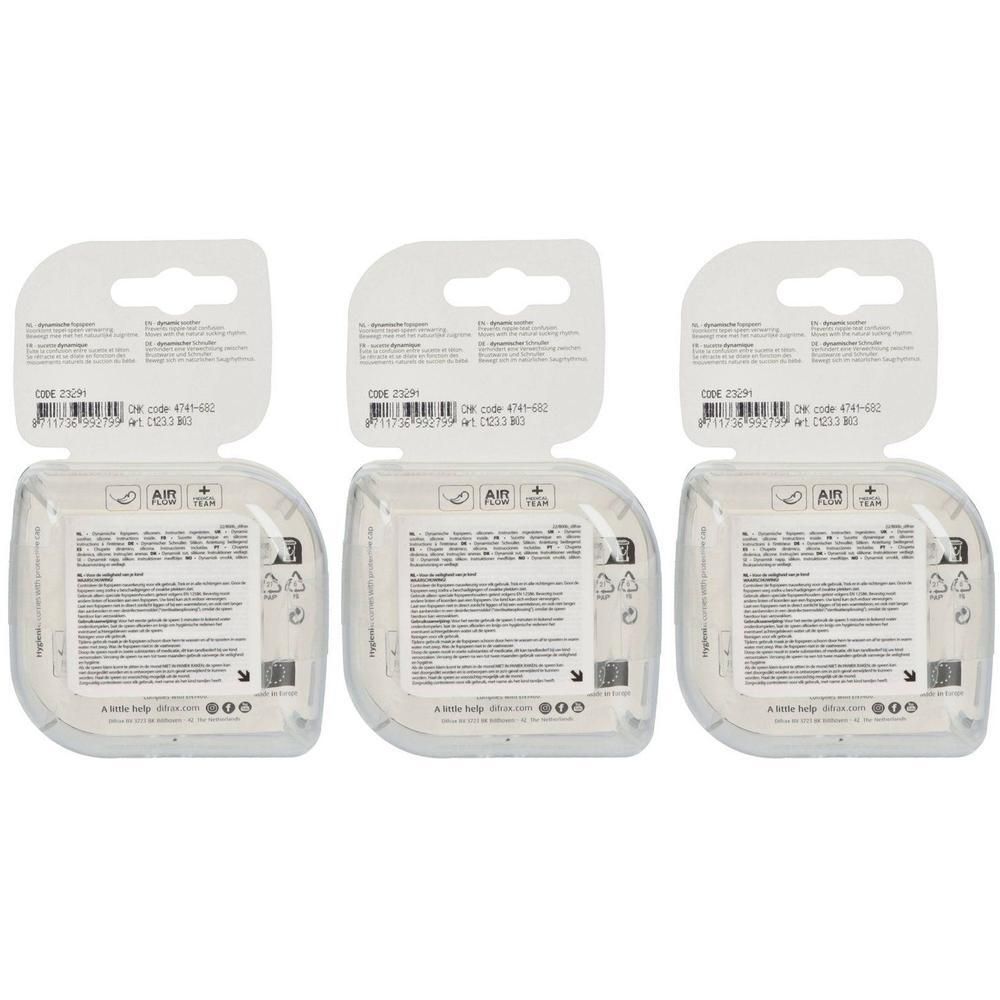 Trois sucettes Difrax Dynamic Botanic Rose sous emballage, 0-3 mois.
