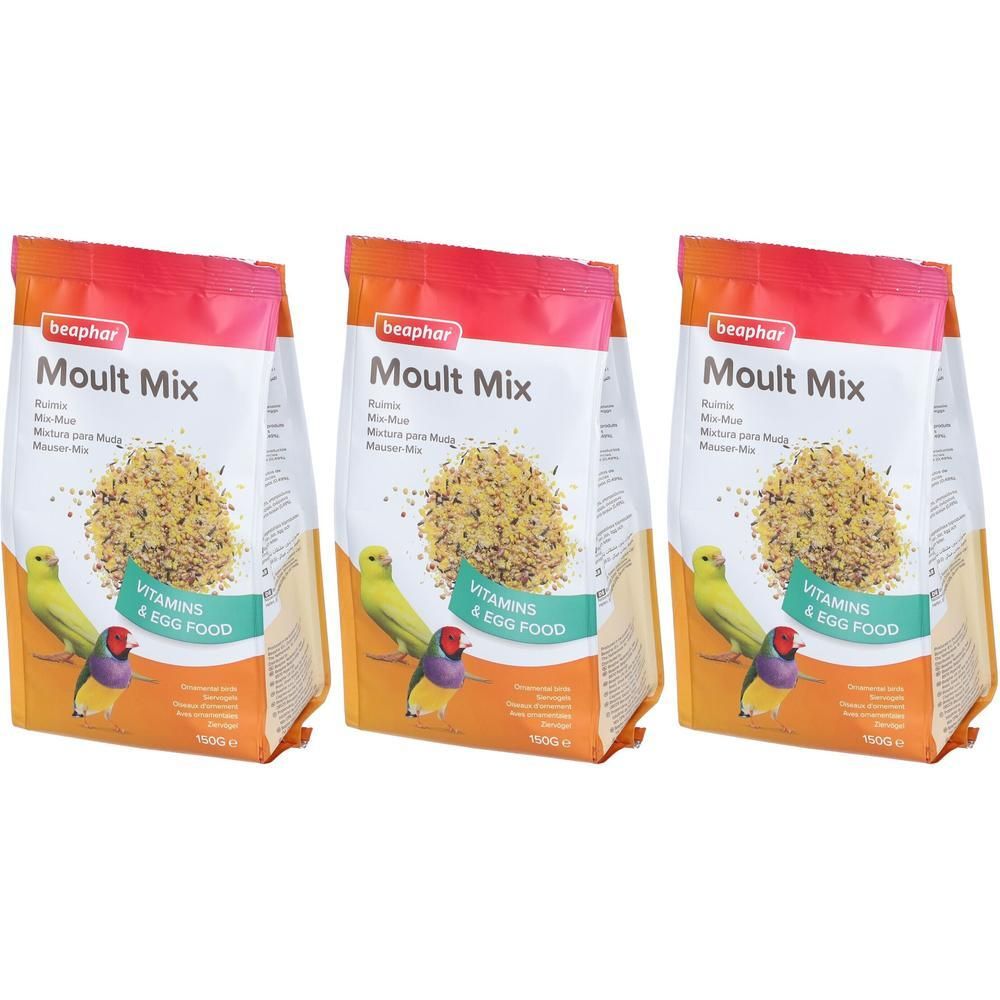 Trois paquets de Mélange pour mue Vitamines & œufs pour oiseaux d'ornement Beaphar.
