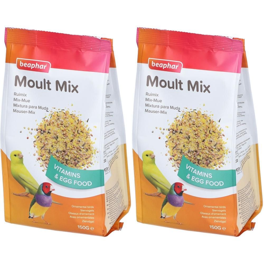 Deux sachets de Mélange pour mue Beaphar, vitamines et pâtée aux œufs pour oiseaux.