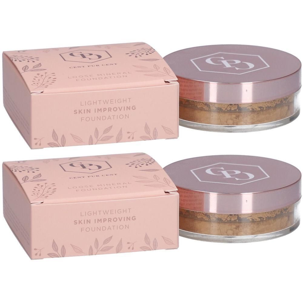 Deux pots de fond de teint minéral en poudre dans une boîte rose. Le pot a un couvercle rose doré.