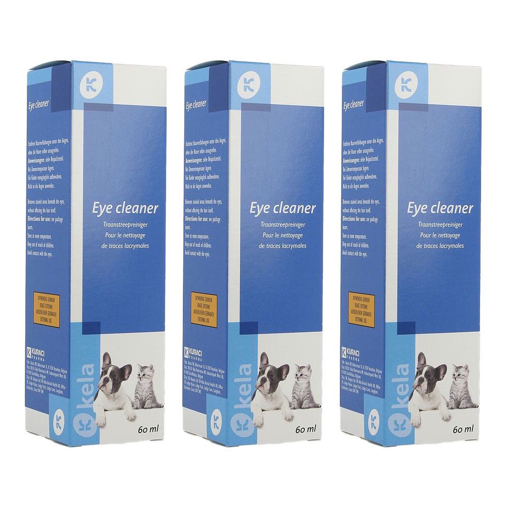 Drie dozen Kela oogreiniger voor honden en katten, 60 ml.