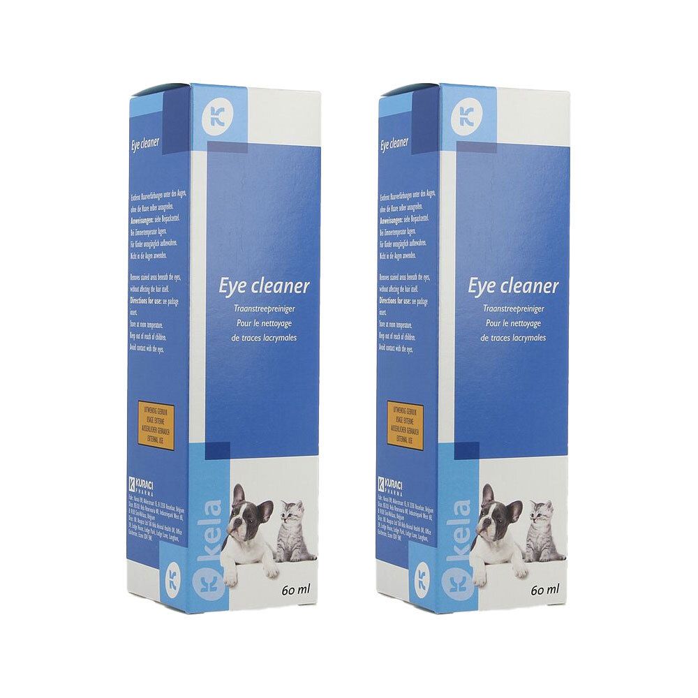 Twee verpakkingen Kela oogreiniger voor honden en katten, elk 60 ml.