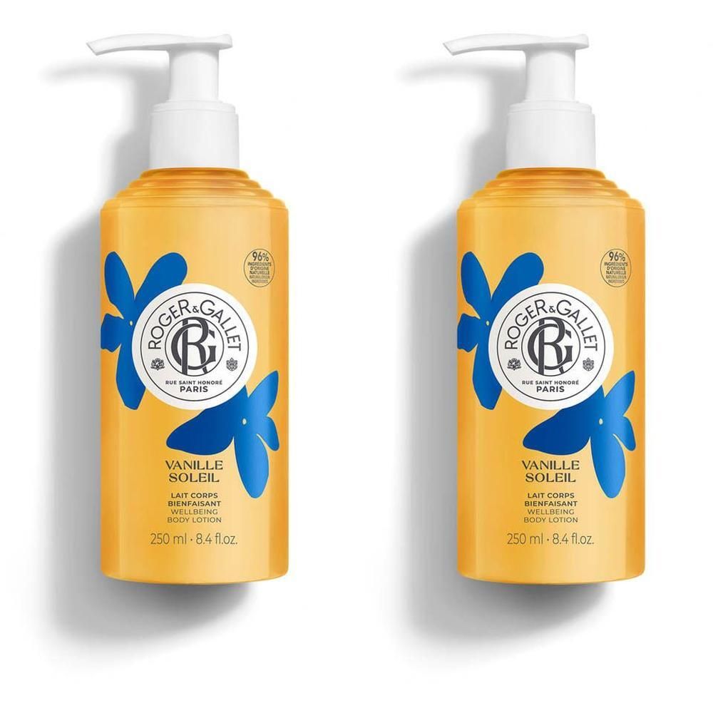 Twee flessen Roger&Gallet Vanille Soleil Bodylotion met pompdispenser, geel met blauwe bloemen.