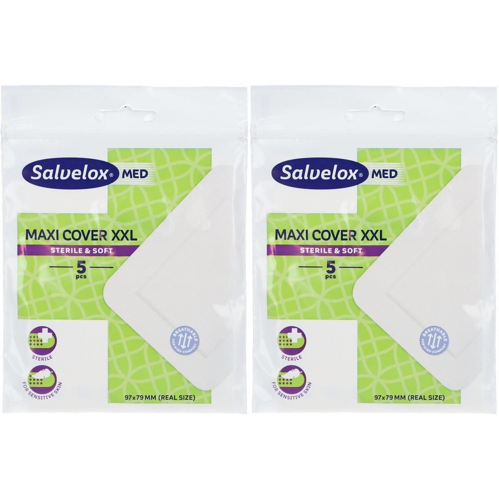 Deux paquets de Salvelox Maxi Cover XXL, stériles et doux, 5 pièces chacun.