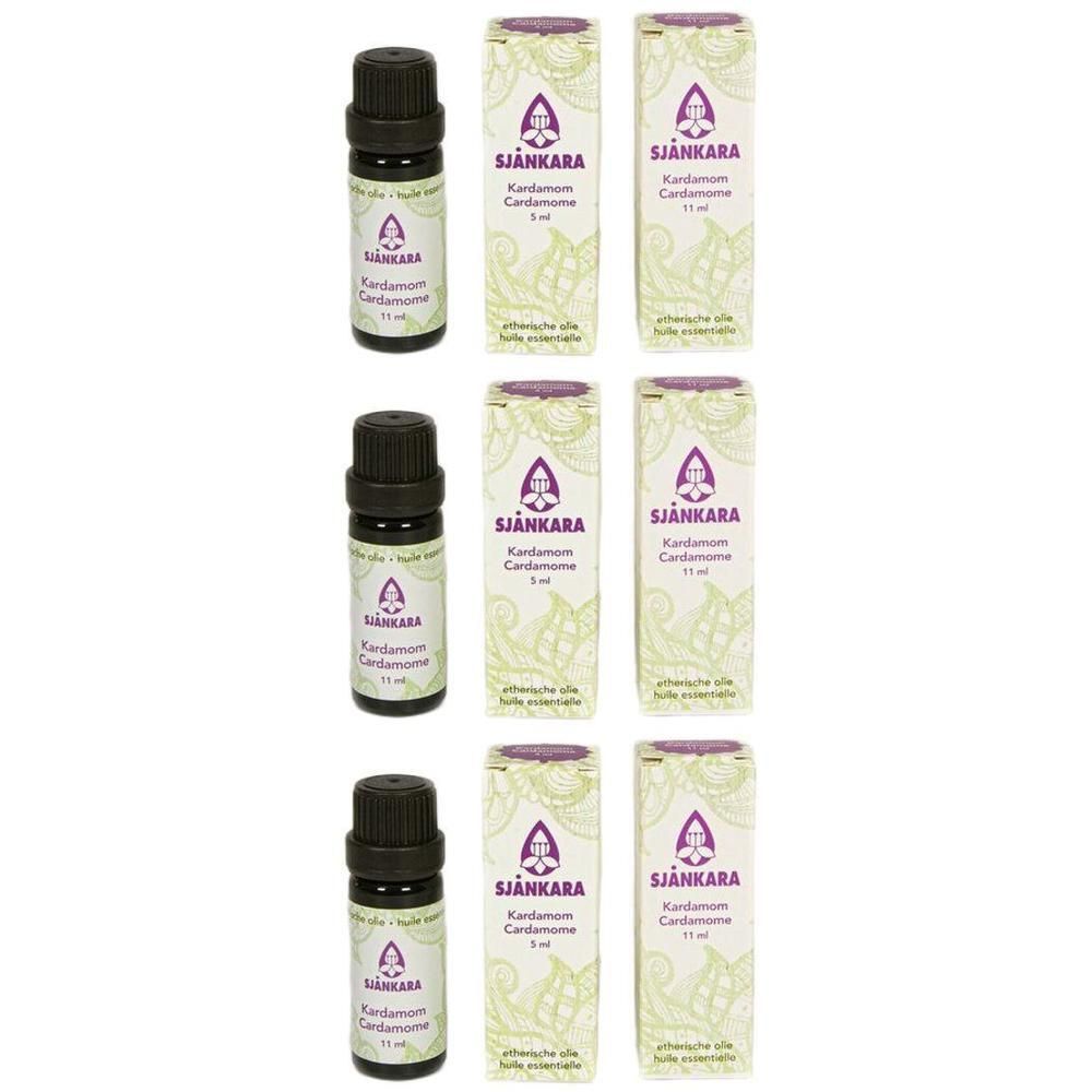 Trois flacons d'huile de cardamome SJÄNKARA, 5ml chacun, avec boîtes.