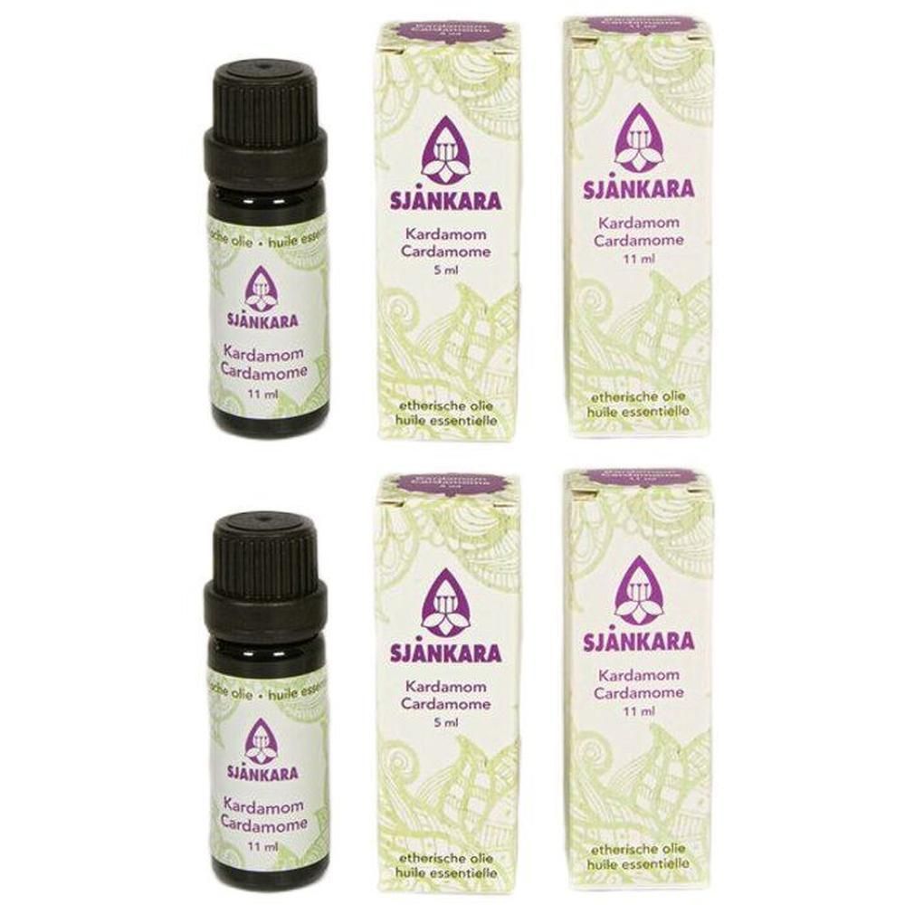 Deux flacons d'huile essentielle de cardamome (11ml) et deux boîtes avec logo SJÄNKARA et informations produit.
