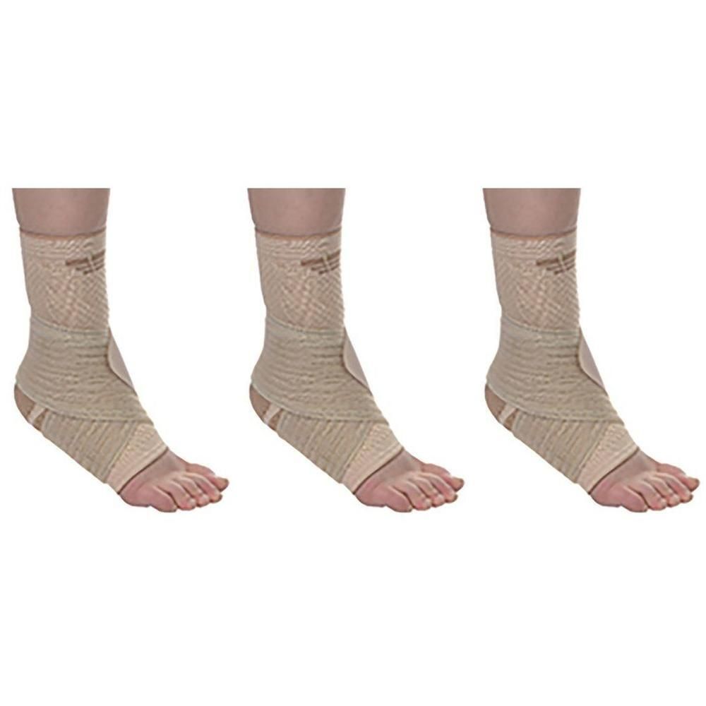 Trois chevilles orthopédiques beiges avec fermeture velcro et renfort.