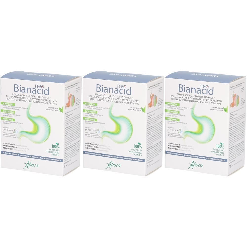 Drie pakken Neo Bianacid met maagafbeelding en Aboca-logo.