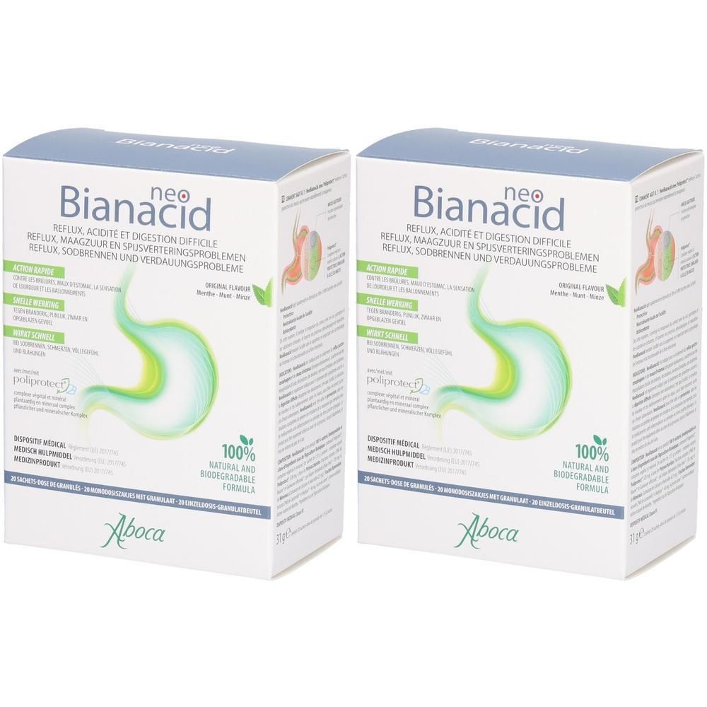 Deux boîtes de Neo Bianacid, un produit pour le reflux et les troubles digestifs.