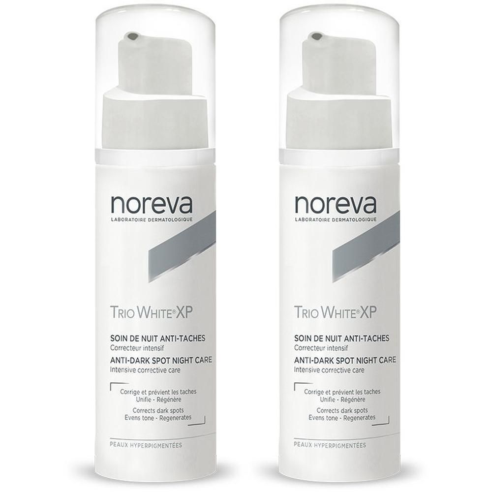 Twee Noreva Trio White XP Anti-Donkere Vlekken Nachtcrème pompflesjes.