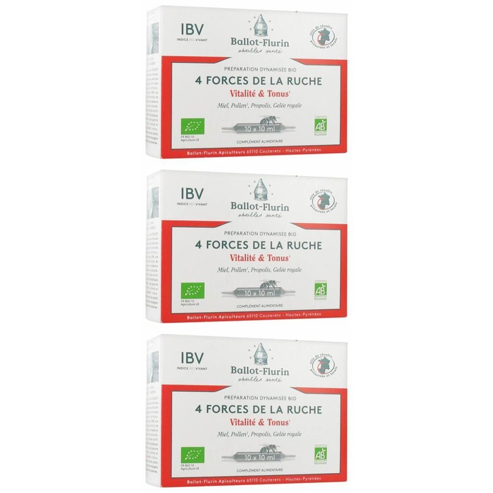 Drie dozen Ballot-Flurin 4 forces de la ruche bio Vitaliteit & Tonus. Honing, Pollen, Propolis, Koninginnengelei.