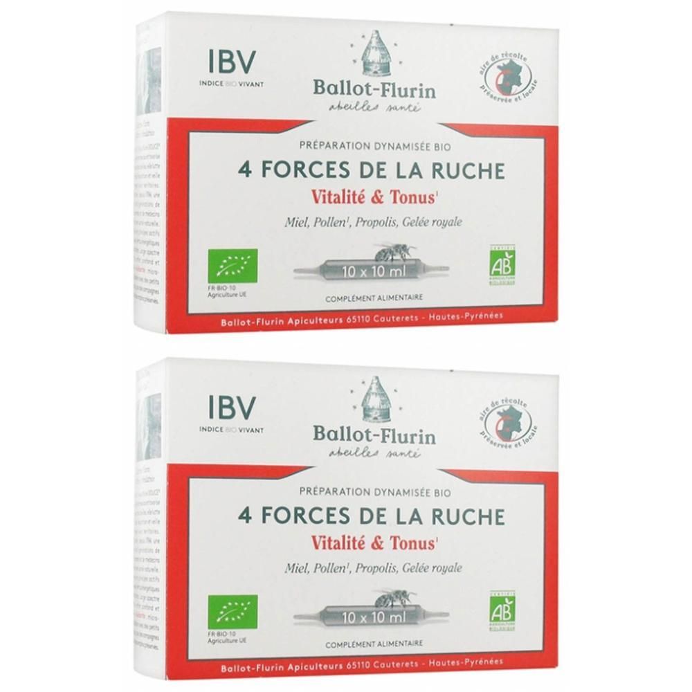 Twee pakken Ballot-Flurin 4 Forces de la Ruche Bio, elk 10x10ml. Met Bio-keurmerk en AB-logo.