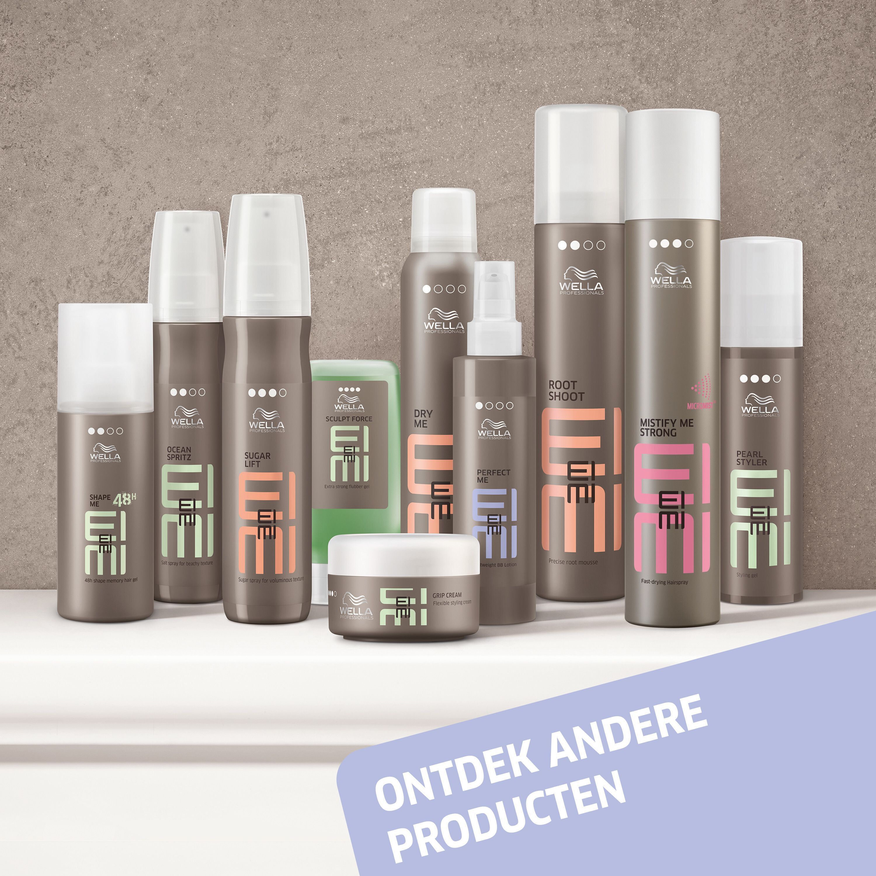 Een selectie van Wella Professionals EIMI haarverzorgingsproducten, waaronder Perfect Me lotion.