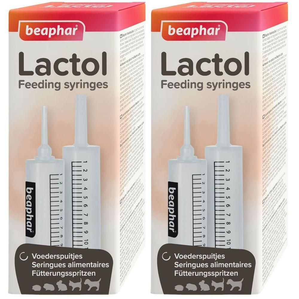 Twee Beaphar Lactol voedingsspuitjes met schaalverdeling.
