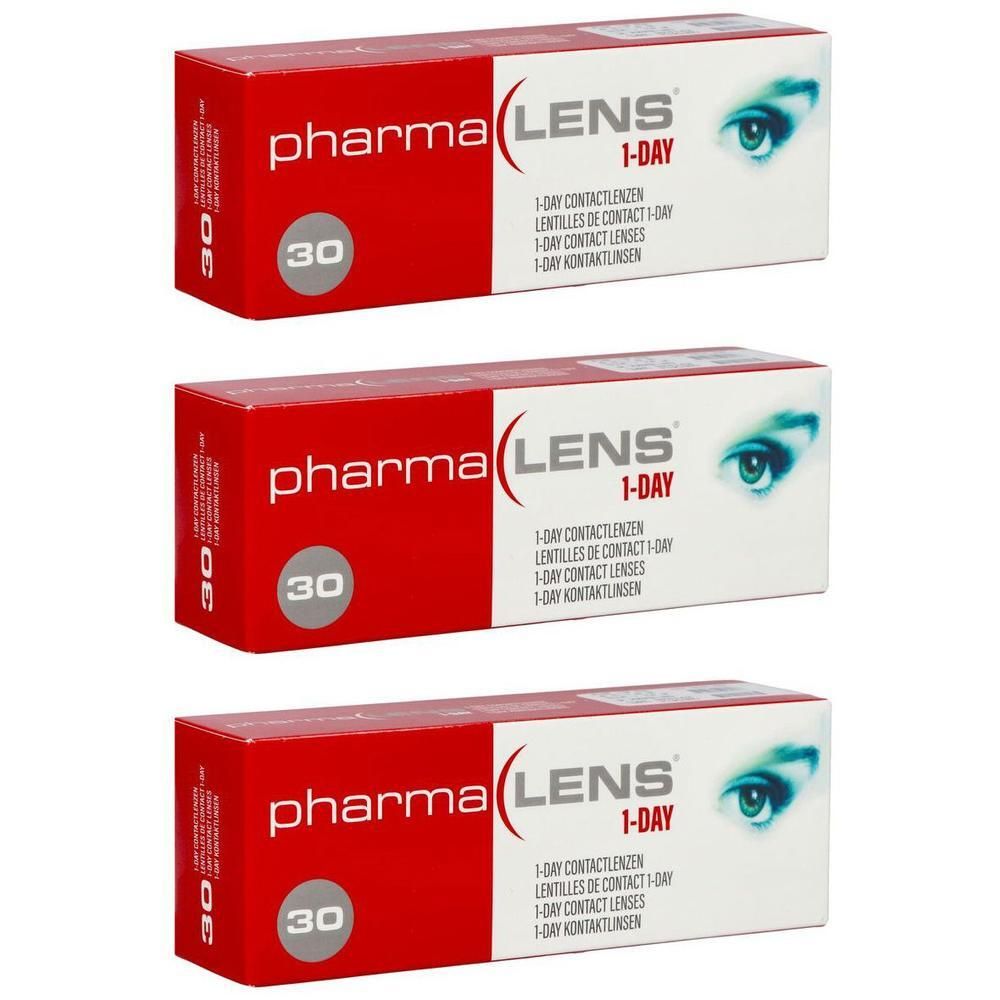 Trois boîtes de lentilles de contact Pharma Lens 1-Day, chacune contenant 30 lentilles.