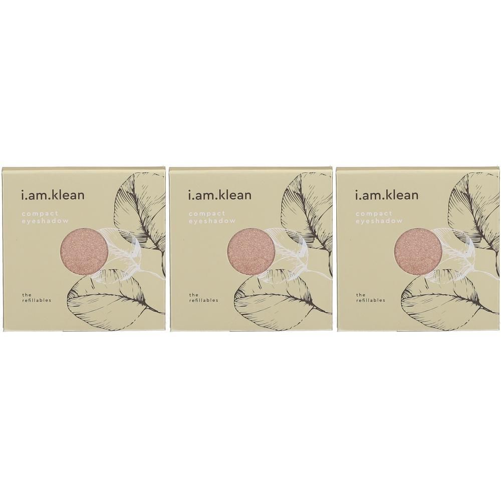 Trois fards à paupières minéraux compacts i.am.klean roses sur emballage avec motif de feuilles.