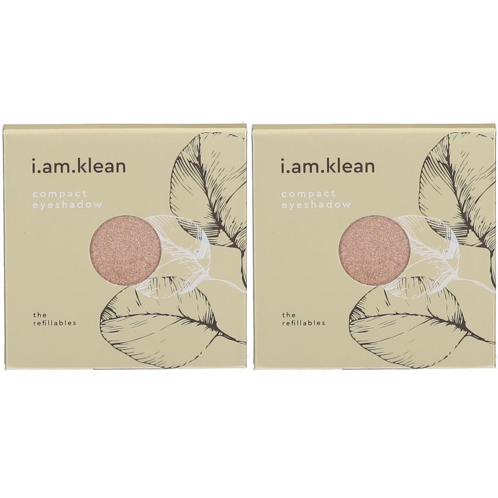 Twee verpakkingen i.am.klean compact oogschaduw kleur Venus. Elke verpakking toont een ronde oogschaduw.