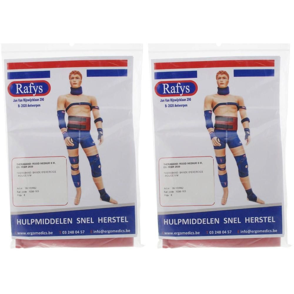 Twee verpakkingen Rafys Theraband Medium Rouge 2092. Elke verpakking toont een afbeelding van een man met banden.