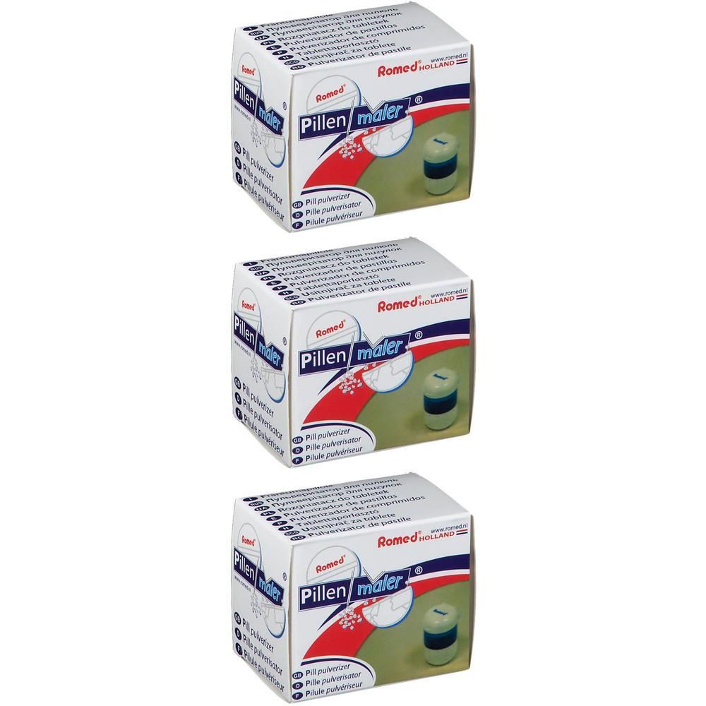 Trois boîtes Romed Pillen/mâler. Petite boîte à pilules avec couvercle bleu représentée.