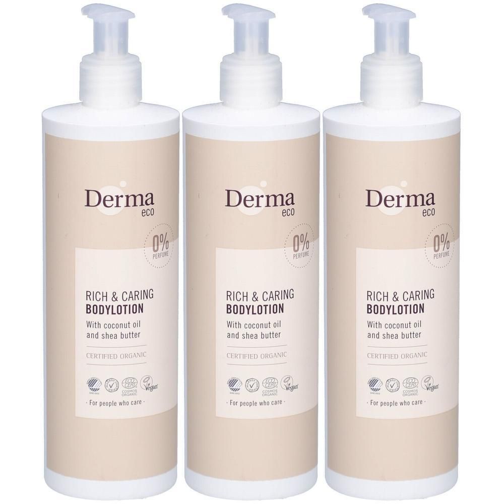 Trois flacons de lotion corporelle Derma Eco avec distributeurs à pompe. Lotion riche et nourrissante à l'huile de coco et au beurre de karité.