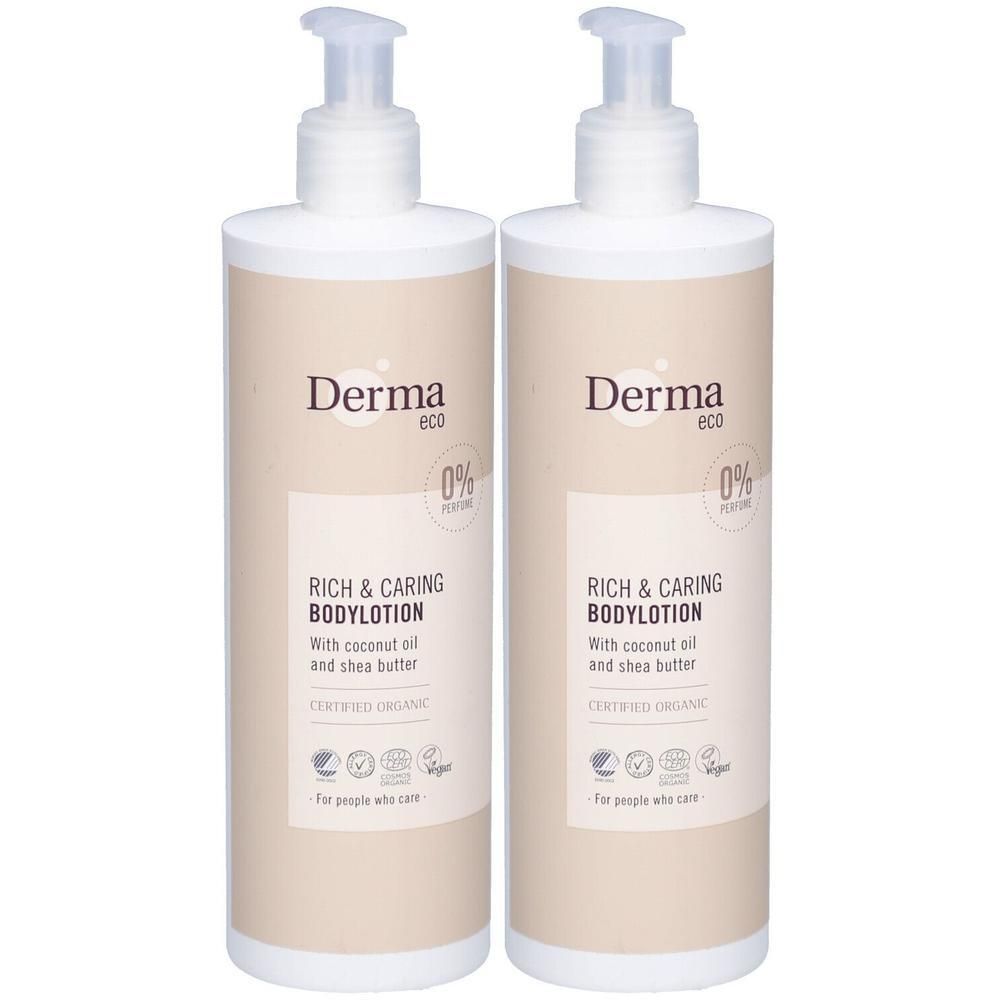 Twee flessen Derma Eco Bodylotion, 0% parfum, met kokosolie en sheaboter, gecertificeerd biologisch.
