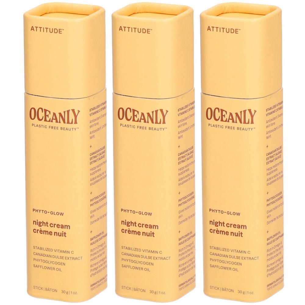 Trois bâtons de crème de nuit Attitude™ Oceanly™ Phyto-Glow dans un emballage jaune.