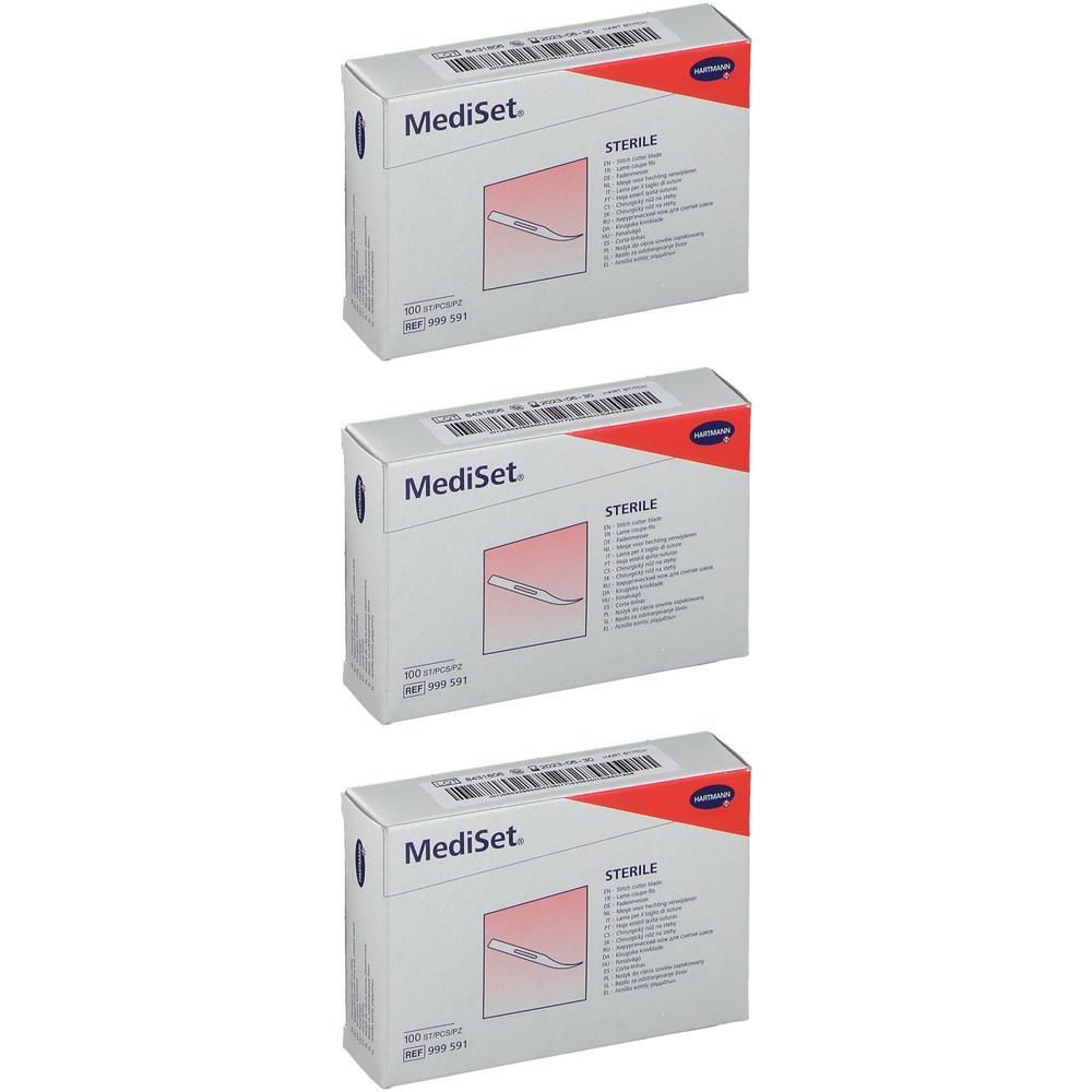 Drie pakken steriele scalpelmessen. Elk pak bevat 50 messen.