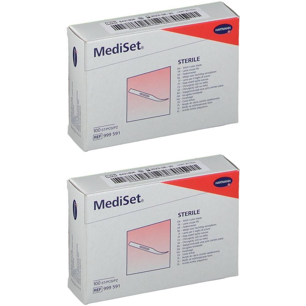 Twee dozen steriele MediSet scalpelmessen. Elke doos bevat 100 stuks.