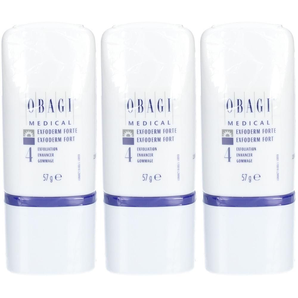 Trois tubes blancs avec des accents bleus, montrant Obagi Medical Exfoderm Forte 57g.