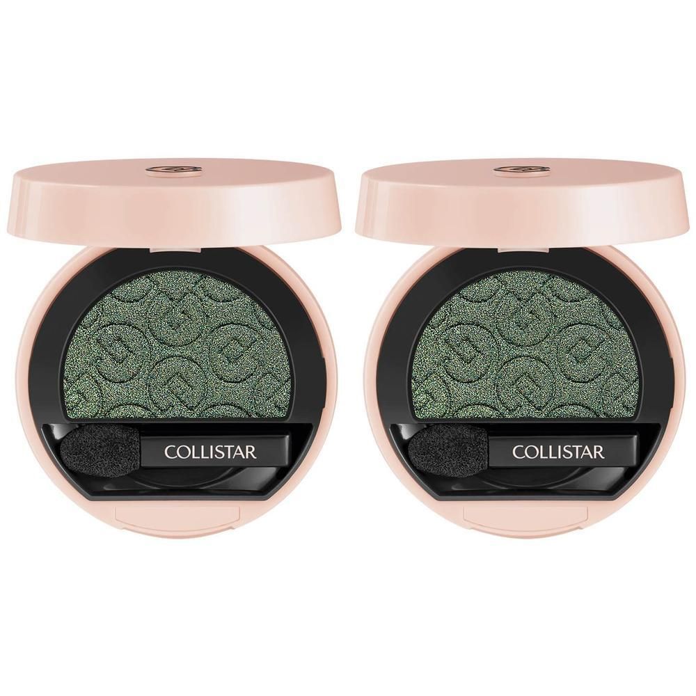 Twee geopende compacte oogschaduwdoosjes met applicator. Groene oogschaduw met patroon.