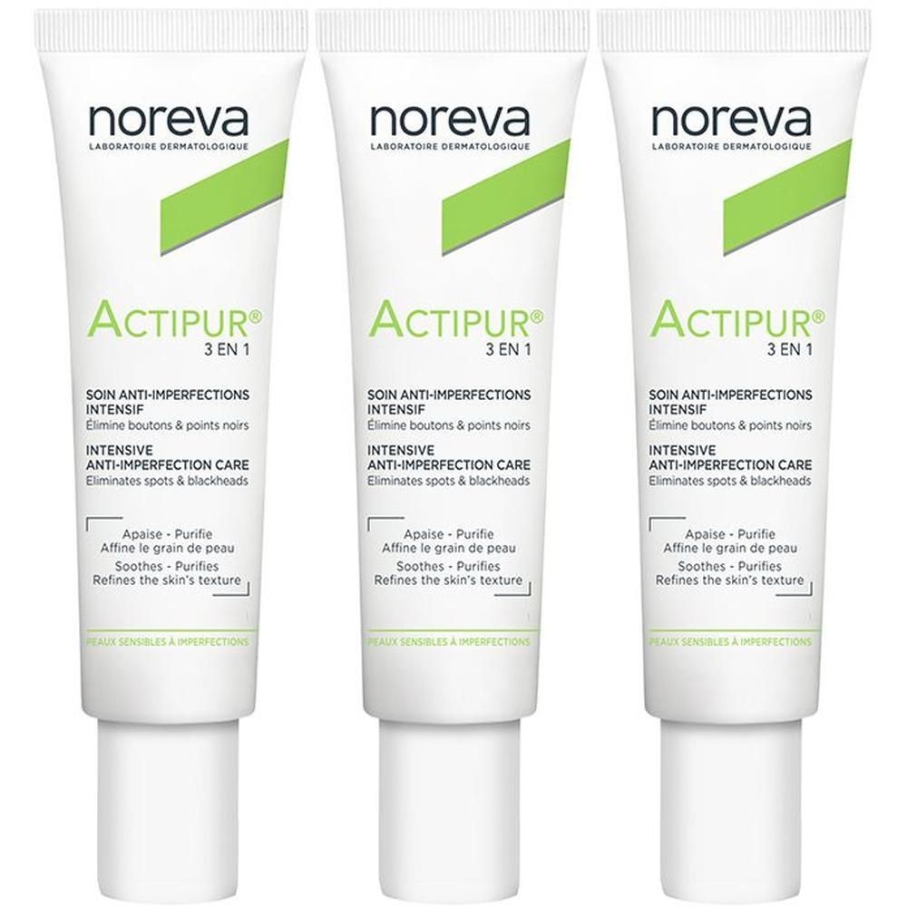 Trois tubes Noreva Actipur 3 en 1, soin intensif anti-imperfections.