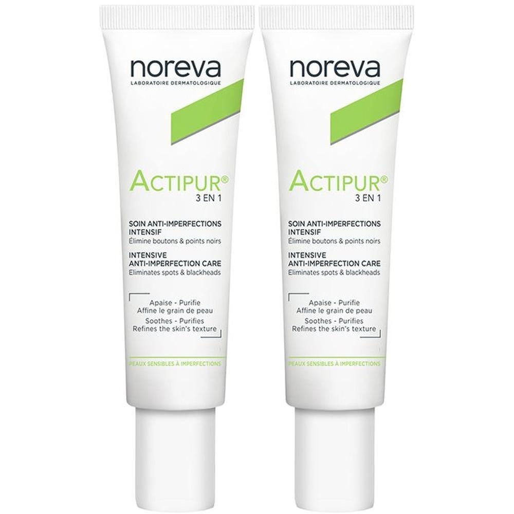 Deux tubes Noreva Actipur 3 en 1, soin intensif anti-imperfections.