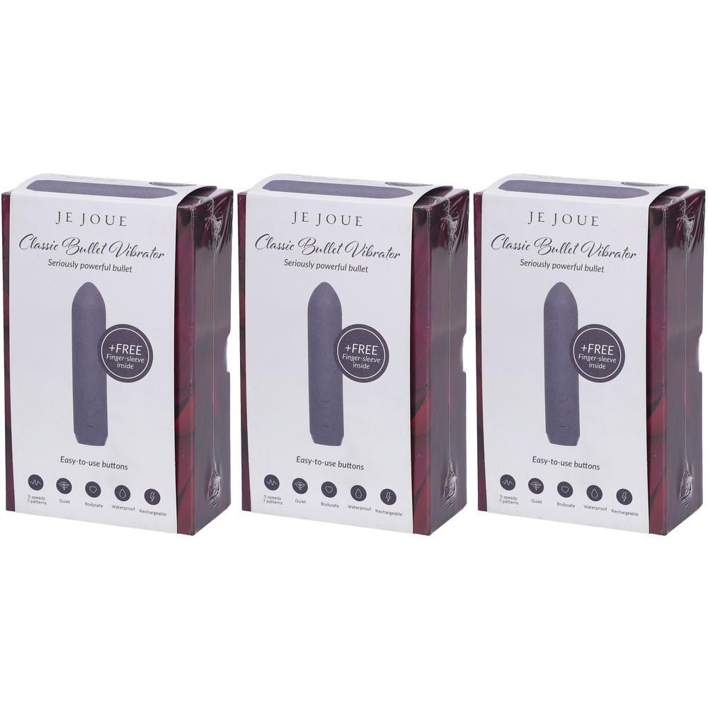 Drie dozen met Je Joue Classic Bullet Vibrators in Mauve. Elke doos toont een paarse vibrator.