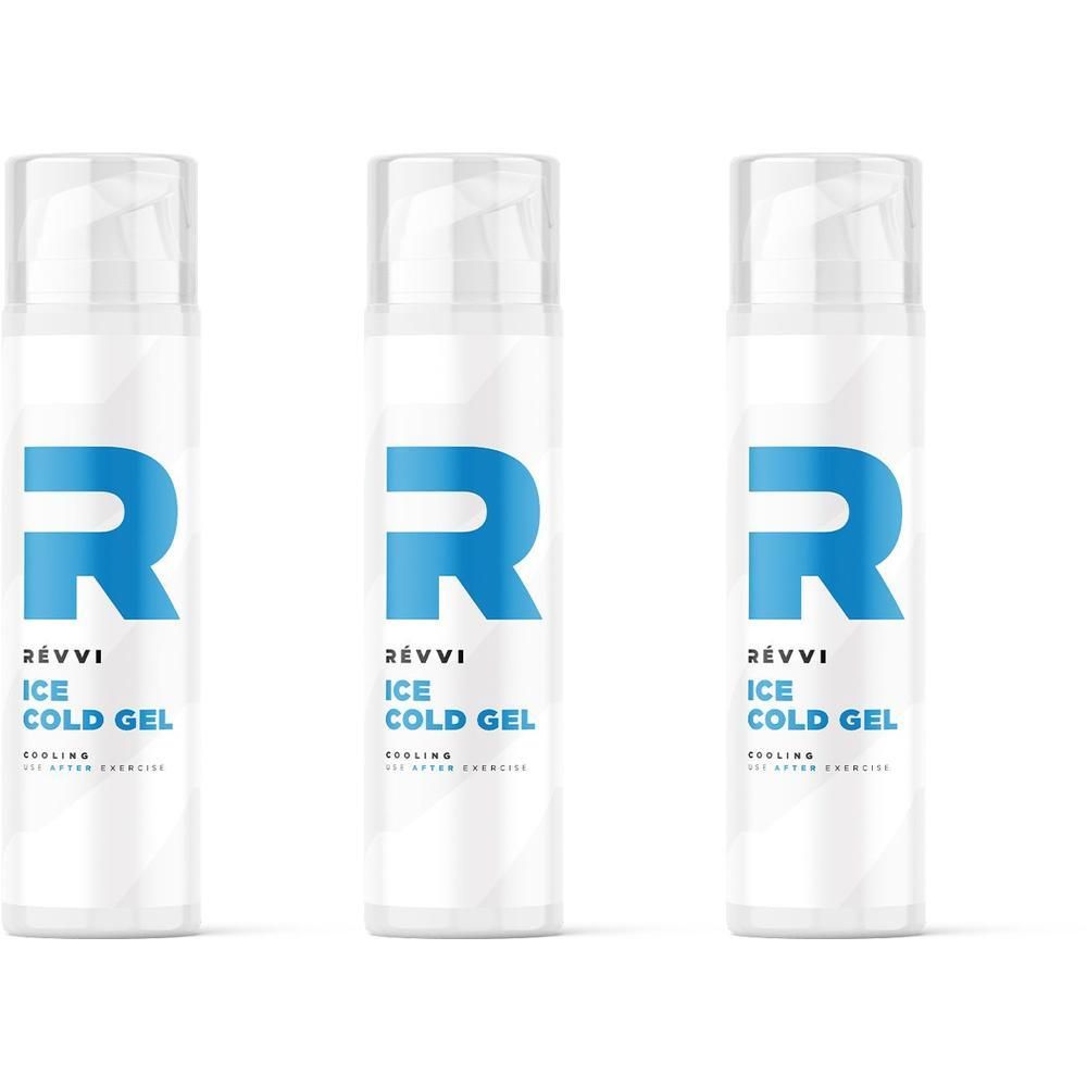 Drie witte dispenserflessen met een blauw 'R'-logo en de tekst 'RÉVVI ICE COLD GEL'.