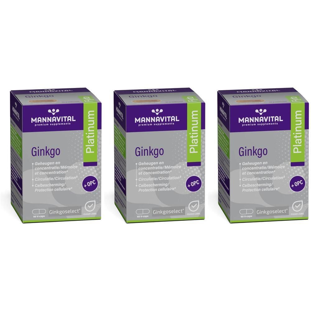 Drie doosjes met Ginkgo-preparaten. De verpakking is grijs en paars met groene accenten en toont "MANN VITAL Platinum Ginkgo".