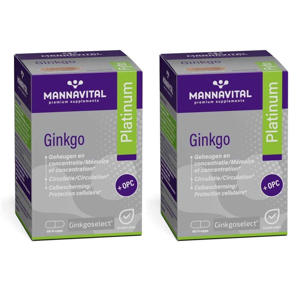 Twee doosjes Mannavital Ginkgo Platinum voedingssupplementen.