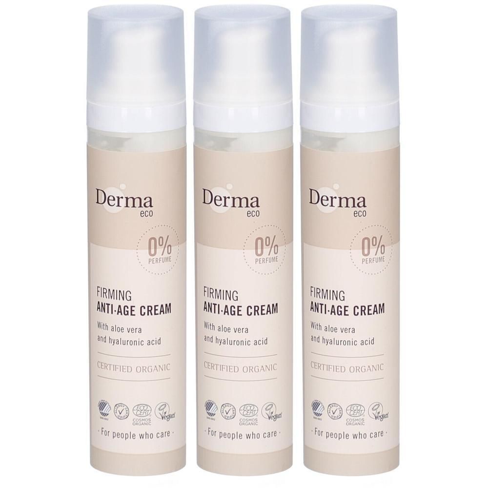 Trois flacons de crème anti-âge Derma Eco, 0% parfum, à l'aloe vera et à l'acide hyaluronique. Certifié bio.