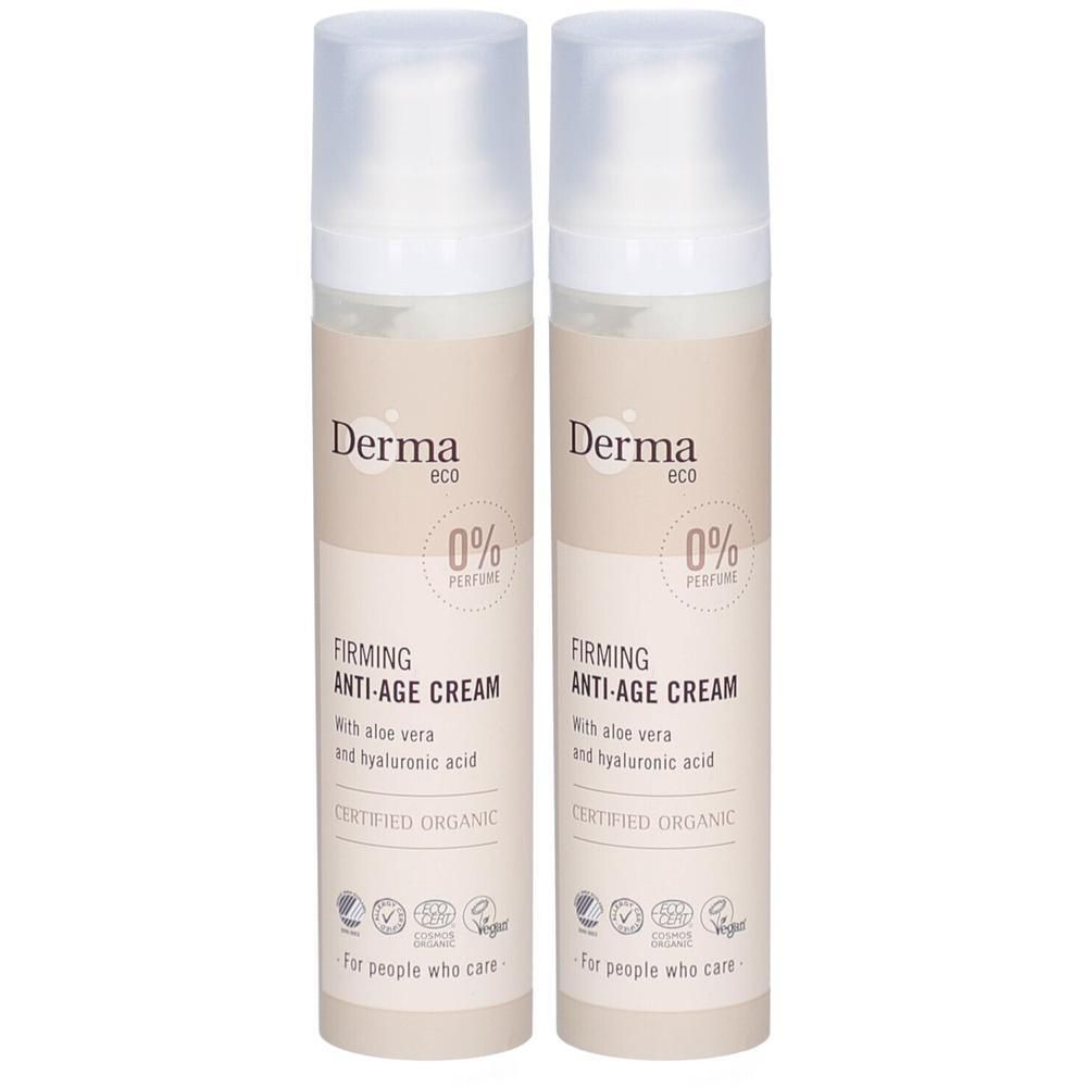 Deux flacons de crème anti-âge Derma Eco, certifiée bio, 0% parfum.