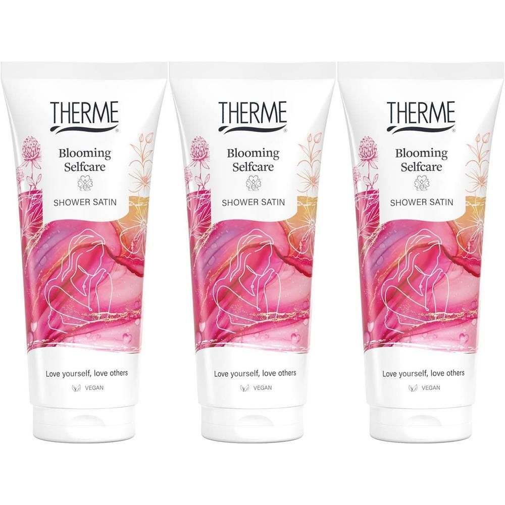 Trois tubes de Douche Satin au design floral.