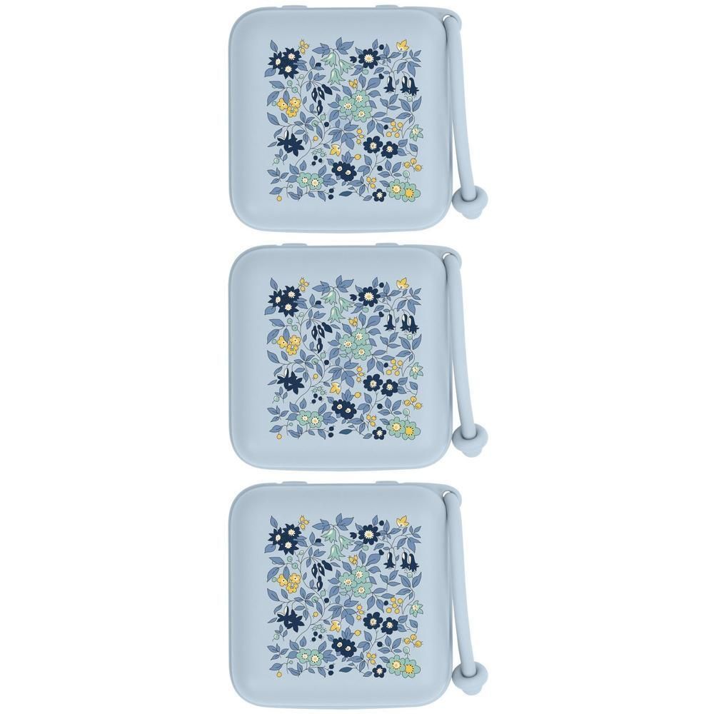 Trois boîtes à sucettes bleu clair avec motif floral, chacune avec une lanière.