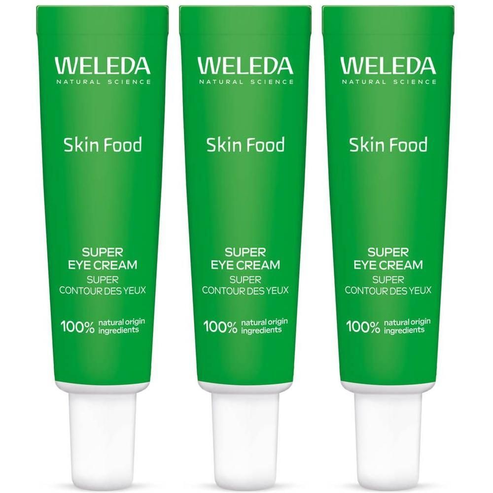 Trois tubes verts de Weleda Skin Food Super Eye Cream avec bouchon blanc.