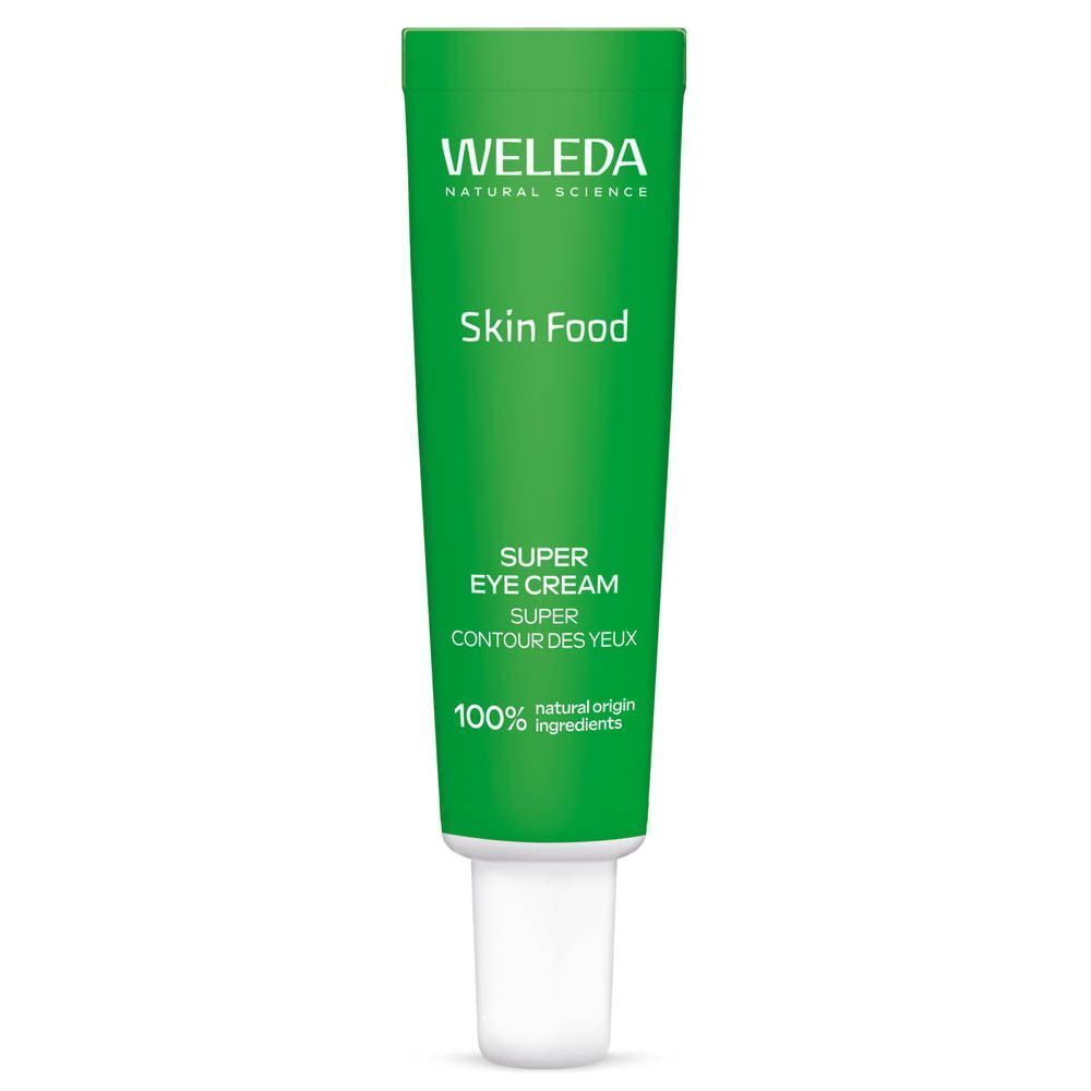 Un tube vert de Weleda Skin Food Super Eye Cream avec bouchon blanc.