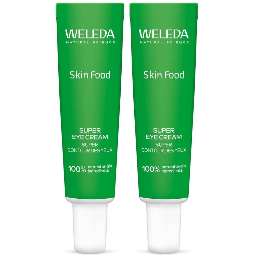 Twee groene tubes Weleda Skin Food Super Eye Cream met witte dop.